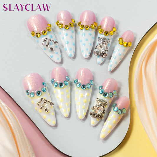 10PCS Milky White Press On Nails With Speckle Colored Diamond, Handmade Long Stiletto Cute Nails, Party Nails, Wedding Nails, French Nails, Stiletto Tips