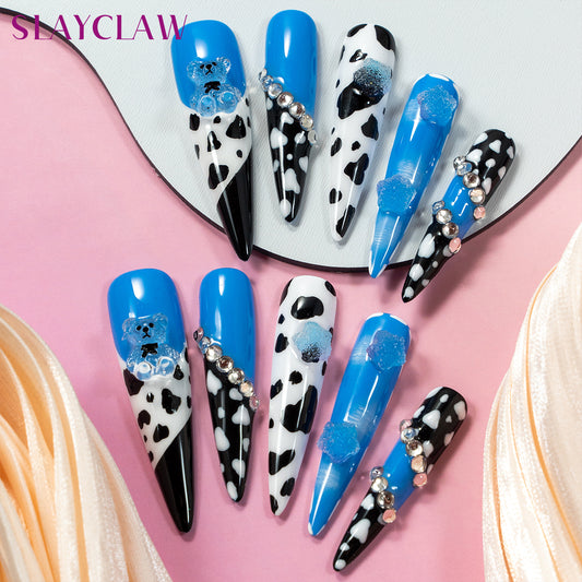 10PCS Blue Cow Pattern Surface Press On Nails With Bear, Extra Long Stiletto