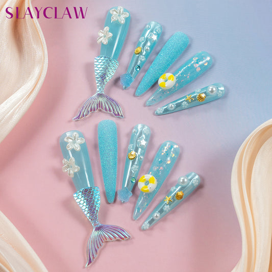 10pcs Luxury Mermaid Sugar Stiletto Nail Tips,Glitter Handmade Pearl Star Press On Nails,Custom Sparkly Gold Shell Nails,Resuable Sea Style Nails,Y2K Nails,Nails For Party,Girls Nails, Extra Long Stiletto