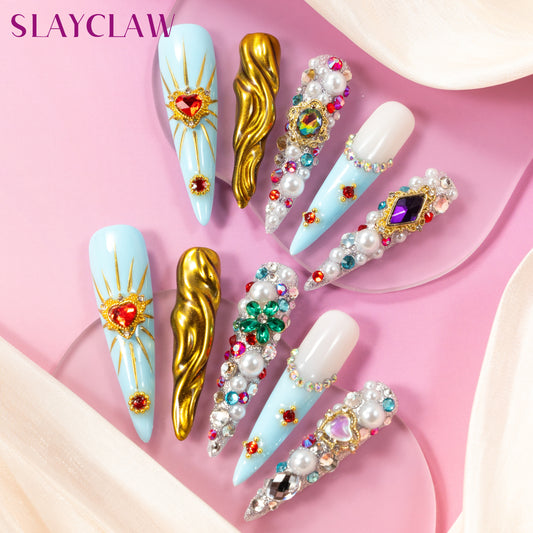 10PCS Baroque Sea Handmade Press On Nails With Pearls, Diamond, Golden Magic Mirror Powder, Party Nails, Nails At Home, Extra Long Stiletto