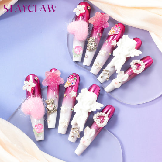 10PCS Gradient Rose Red Press On Nails With 3D Jewelry, Magic Mirror Powder, Angel, Bear, Ice Cream, Bunny, Flowers, Love, Party Nails, Y2K Nails, Relief Nails, Extra Long Coffin