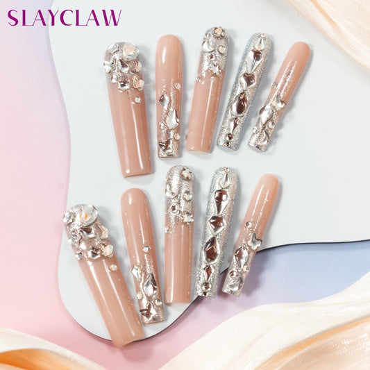 10PCS Nude Shade with Scattered Rhinestone Nail, Handmade Super Long Stiletto Design, Party Nails,  Wedding Nails, Fake Nails, Extra Long Coffin