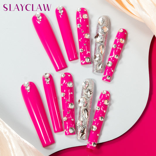 10PCS Barbie Pink Sparkle with Gemstone-Stacked Press On Nail, Extra Long Coffin